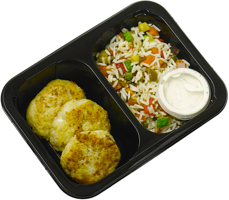 Котлетки рыбные с рисом, овощами и грибным соусом