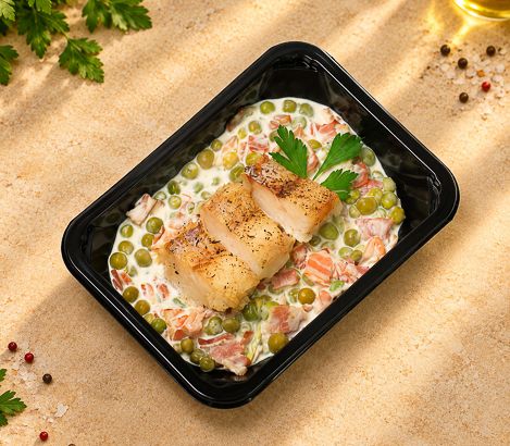 Треска в сливочном соусе с беконом и горошком